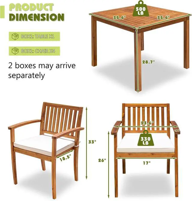 Alt view image 3 of 7 - 5 Piece Outdoor Dining Set Acacia Wood Patio Table and Chairs with Soft Cushions Patio Furniture for Deck, Backyard, Garden