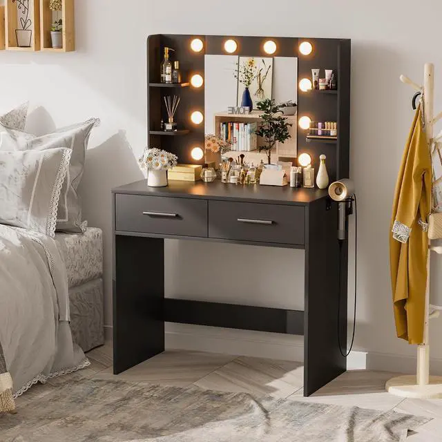 Alt view image 2 of 7 - Makeup Vanity Desk with Mirror and Lights Power Outlet, Vanity Table Makeup Desk 2 Drawers, 6 Storage Shelves Hairdryer Holder & Bench Dressing Table for Bedroom (Black, No Bench)