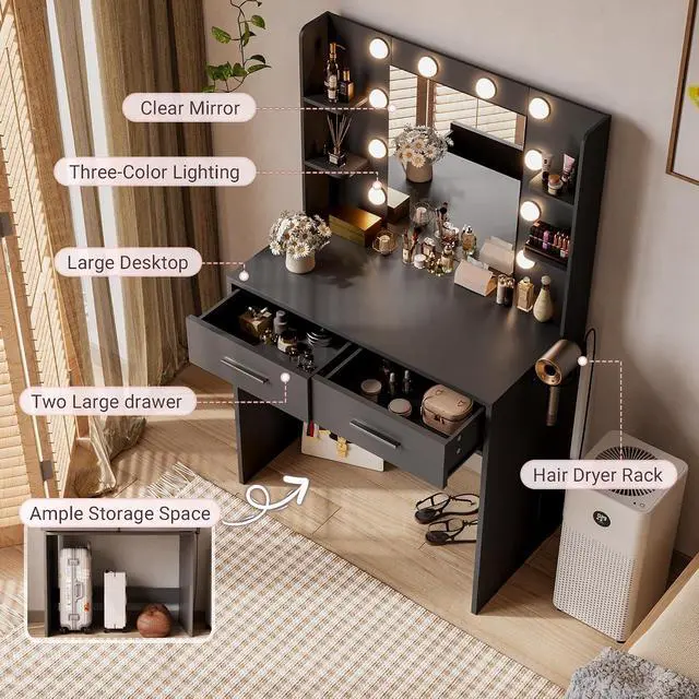 Alt view image 3 of 7 - Makeup Vanity Desk with Mirror and Lights Power Outlet, Vanity Table Makeup Desk 2 Drawers, 6 Storage Shelves Hairdryer Holder & Bench Dressing Table for Bedroom (Black, No Bench)
