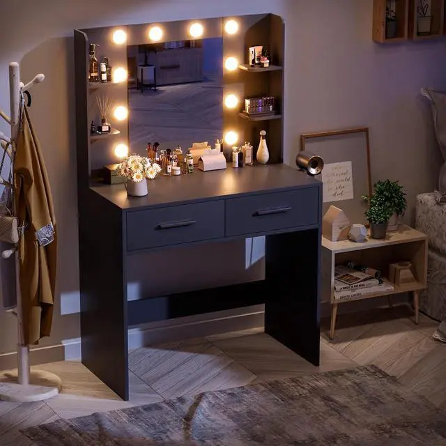 Alt view image 6 of 7 - Makeup Vanity Desk with Mirror and Lights Power Outlet, Vanity Table Makeup Desk 2 Drawers, 6 Storage Shelves Hairdryer Holder & Bench Dressing Table for Bedroom (Black, No Bench)