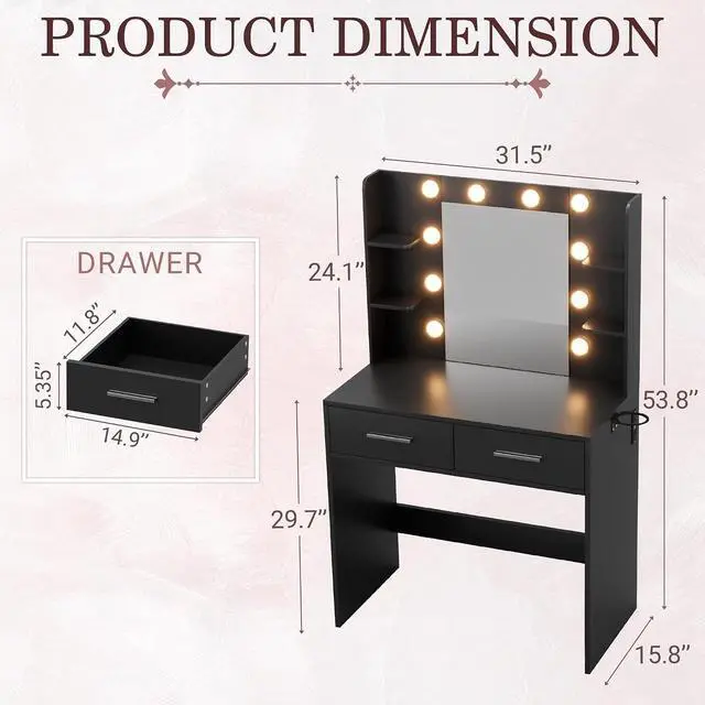 Alt view image 7 of 7 - Makeup Vanity Desk with Mirror and Lights Power Outlet, Vanity Table Makeup Desk 2 Drawers, 6 Storage Shelves Hairdryer Holder & Bench Dressing Table for Bedroom (Black, No Bench)