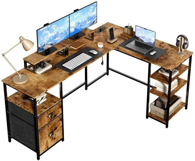 Main image of L-Shaped Office Desk with Power Outlets and Monitor Stands, 65 inch Corner Desk with Fabric Drawers and Open Shelves, Computer Desk for Home Office and Gaming (Rustic Brown)