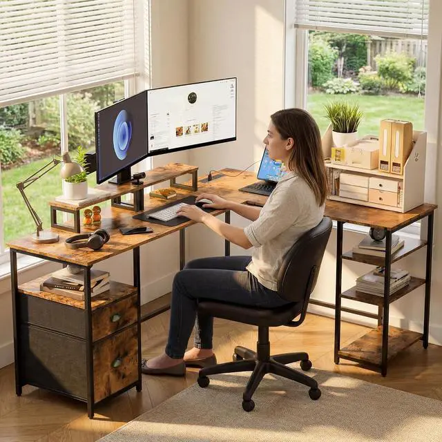 Alt view image 2 of 7 - L-Shaped Office Desk with Power Outlets and Monitor Stands, 65 inch Corner Desk with Fabric Drawers and Open Shelves, Computer Desk for Home Office and Gaming (Rustic Brown)