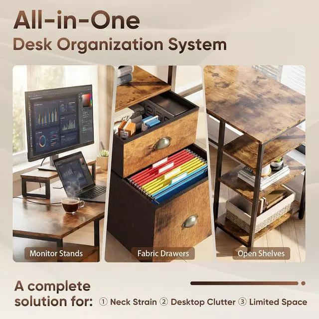 Alt view image 3 of 7 - L-Shaped Office Desk with Power Outlets and Monitor Stands, 65 inch Corner Desk with Fabric Drawers and Open Shelves, Computer Desk for Home Office and Gaming (Rustic Brown)