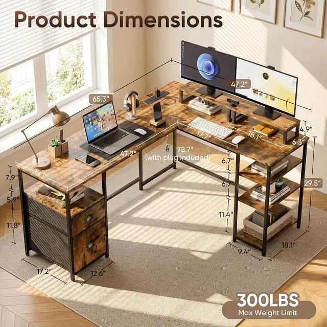 Alt view image 4 of 7 - L-Shaped Office Desk with Power Outlets and Monitor Stands, 65 inch Corner Desk with Fabric Drawers and Open Shelves, Computer Desk for Home Office and Gaming (Rustic Brown)
