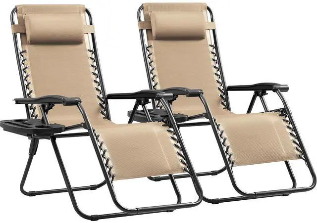 Main image of Set of 2 Zero Gravity Lounge Chairs, Outdoor Folding Adjustable Steel Mesh Recliner Chairs with Cup Holder & Removable Pillow for Patio Garden Lawn Beach (Beige)