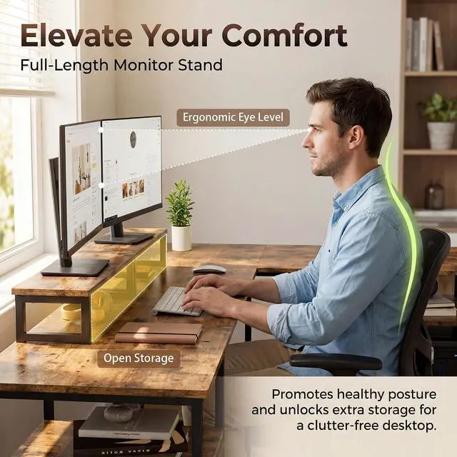 Alt view image 6 of 7 - L-Shaped Office Desk with Power Outlets and Monitor Stands, 65 inch Corner Desk with Fabric Drawers and Open Shelves, Computer Desk for Home Office and Gaming (Rustic Brown)