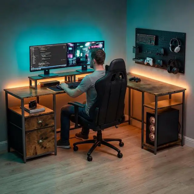 Alt view image 7 of 7 - L-Shaped Office Desk with Power Outlets and Monitor Stands, 65 inch Corner Desk with Fabric Drawers and Open Shelves, Computer Desk for Home Office and Gaming (Rustic Brown)