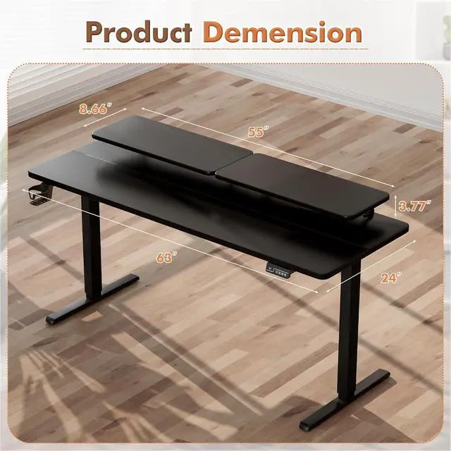 Alt view image 3 of 7 - Electric Standing Desk, Adjustable Height Desk 63 x 24 Inch with Monitor Stand, Home Office Computer Desk (Black)