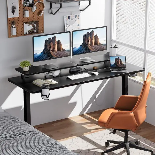 Alt view image 2 of 7 - Electric Standing Desk, Adjustable Height Desk 63 x 24 Inch with Monitor Stand, Home Office Computer Desk (Black)