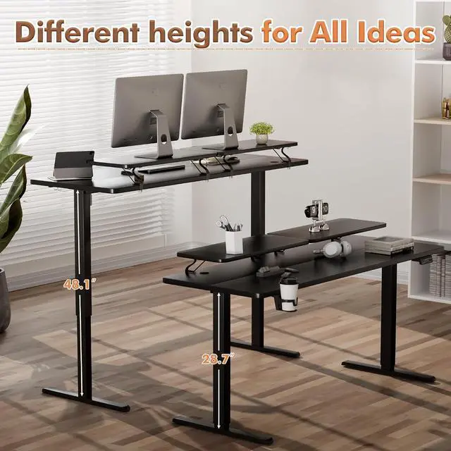 Alt view image 4 of 7 - Electric Standing Desk, Adjustable Height Desk 63 x 24 Inch with Monitor Stand, Home Office Computer Desk (Black)