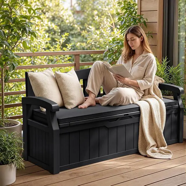 Alt view image 2 of 7 - 80 Gallon Resin Outdoor Storage Bench with Cushion, Large Deck Box with Armrest, Lockable&Waterproof for Garden, Home, Patio, Pools (Black, 80 Gallon)