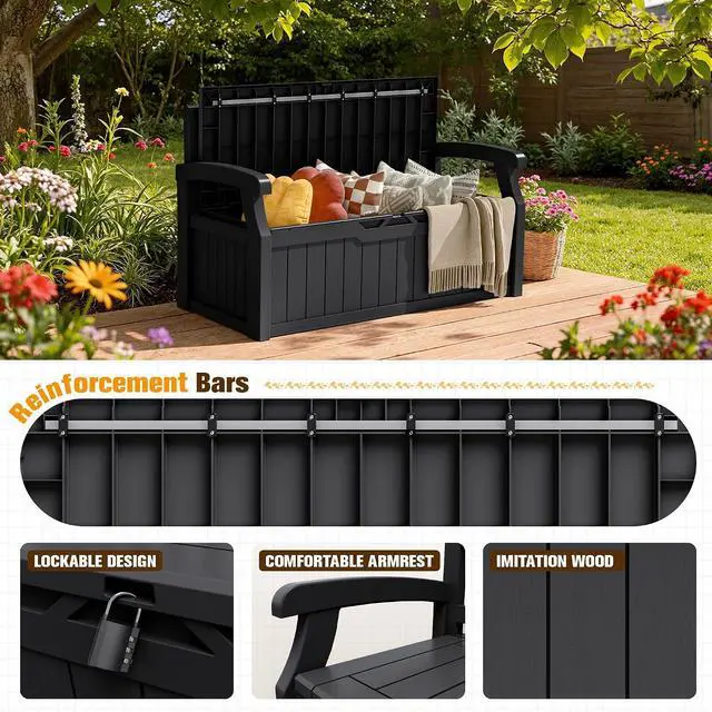 Alt view image 5 of 7 - 80 Gallon Resin Outdoor Storage Bench with Cushion, Large Deck Box with Armrest, Lockable&Waterproof for Garden, Home, Patio, Pools (Black, 80 Gallon)