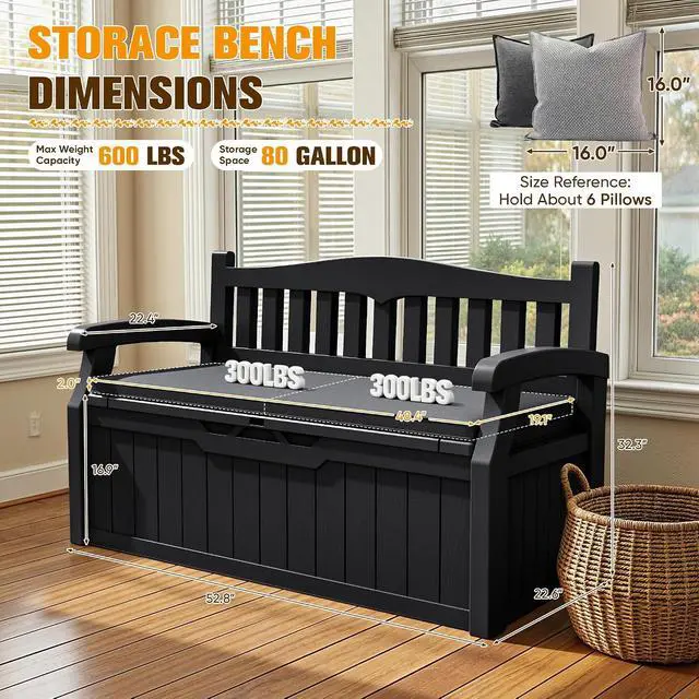 Alt view image 3 of 7 - 80 Gallon Resin Outdoor Storage Bench with Cushion, Large Deck Box with Armrest, Lockable&Waterproof for Garden, Home, Patio, Pools (Black, 80 Gallon)