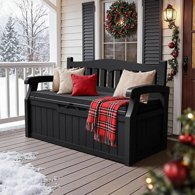 Alt view image 7 of 7 - 80 Gallon Resin Outdoor Storage Bench with Cushion, Large Deck Box with Armrest, Lockable&Waterproof for Garden, Home, Patio, Pools (Black, 80 Gallon)