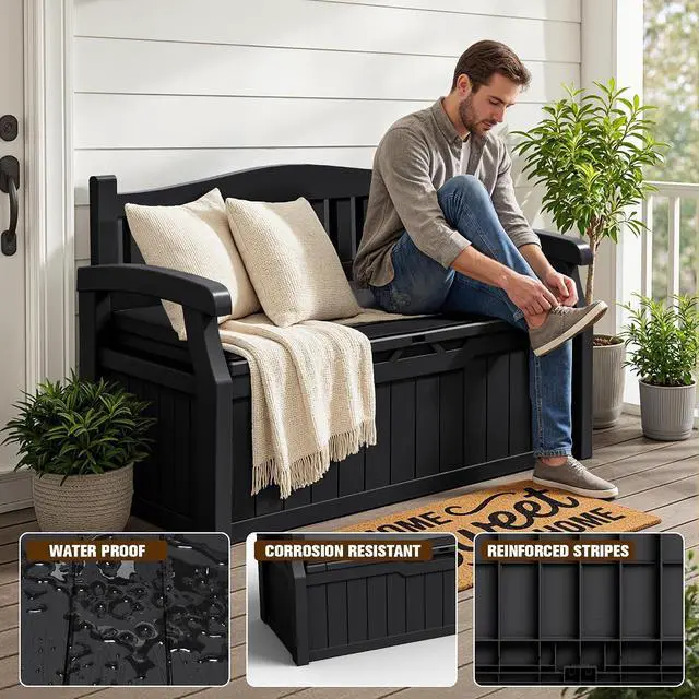Alt view image 6 of 7 - 80 Gallon Resin Outdoor Storage Bench with Cushion, Large Deck Box with Armrest, Lockable&Waterproof for Garden, Home, Patio, Pools (Black, 80 Gallon)