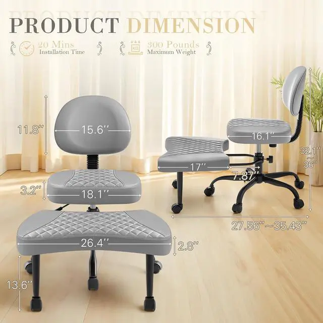 Alt view image 2 of 7 - Ergonomic Criss Cross Legged Office Chair with Wheels, 360°Swivel Adjustable Height Kneeling Desk Chair with Footrest for ADHD, Yoga, Meditation, Home Office (Leather, Gray)
