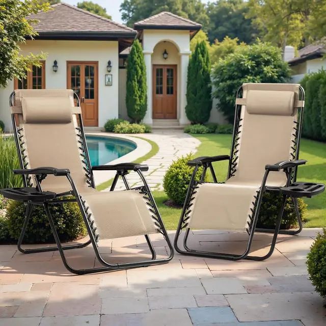 Alt view image 2 of 7 - Set of 2 Zero Gravity Lounge Chairs, Outdoor Folding Adjustable Steel Mesh Recliner Chairs with Cup Holder & Removable Pillow for Patio Garden Lawn Beach (Beige)