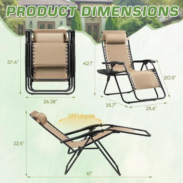 Alt view image 3 of 7 - Set of 2 Zero Gravity Lounge Chairs, Outdoor Folding Adjustable Steel Mesh Recliner Chairs with Cup Holder & Removable Pillow for Patio Garden Lawn Beach (Beige)