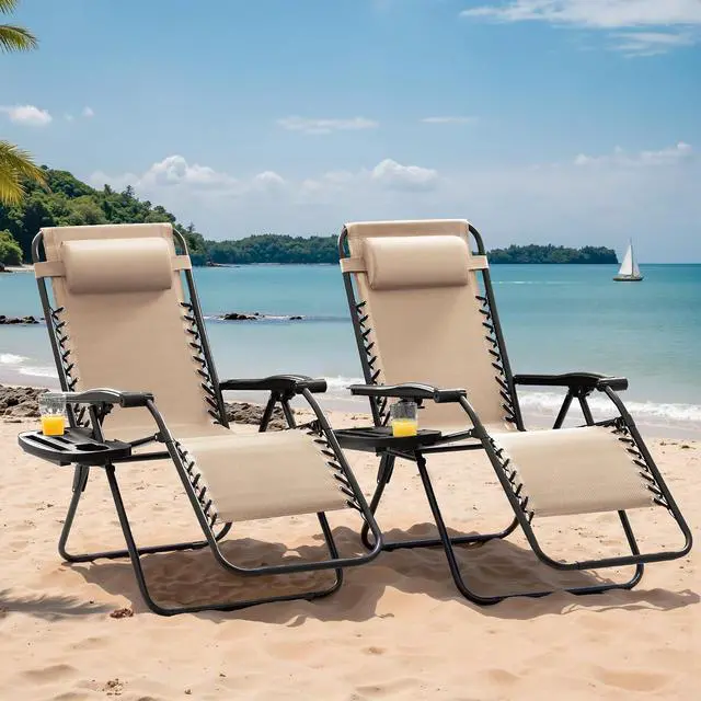 Alt view image 7 of 7 - Set of 2 Zero Gravity Lounge Chairs, Outdoor Folding Adjustable Steel Mesh Recliner Chairs with Cup Holder & Removable Pillow for Patio Garden Lawn Beach (Beige)