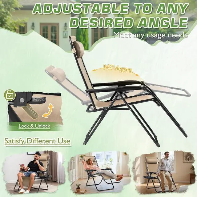 Alt view image 6 of 7 - Set of 2 Zero Gravity Lounge Chairs, Outdoor Folding Adjustable Steel Mesh Recliner Chairs with Cup Holder & Removable Pillow for Patio Garden Lawn Beach (Beige)