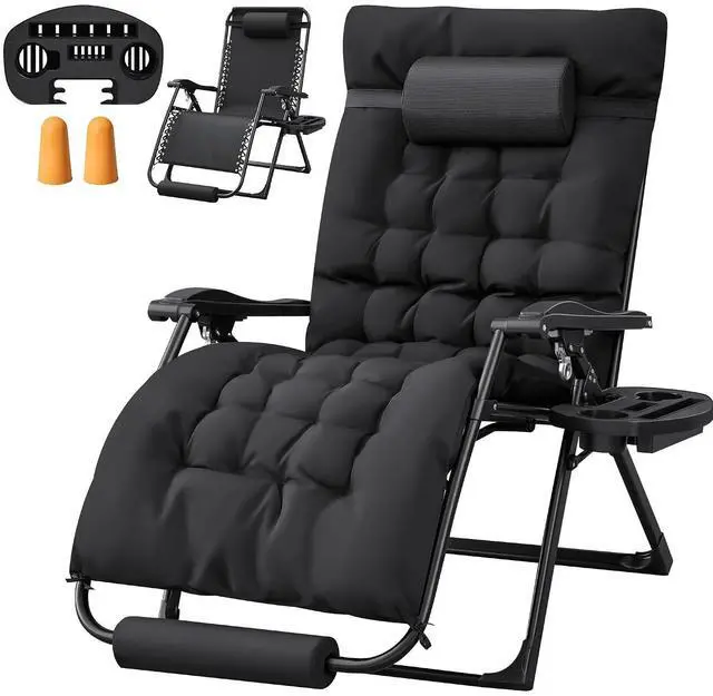 Main image of Oversized Zero Gravity Chair, 32In Recliner Lounge Chair with Removable Soft Cushion and Cup Holder, Adjustable Anti Gravity Chair Folding Patio Chairs Padded for Indoor and Outdoor (Black)