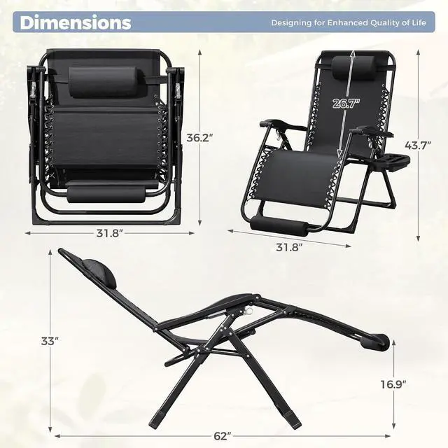 Alt view image 2 of 7 - Oversized Zero Gravity Chair, 32In Recliner Lounge Chair with Removable Soft Cushion and Cup Holder, Adjustable Anti Gravity Chair Folding Patio Chairs Padded for Indoor and Outdoor (Black)