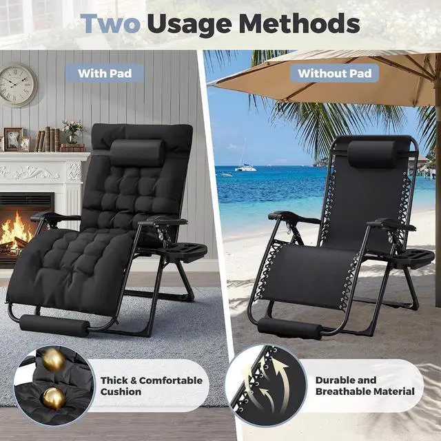 Alt view image 3 of 7 - Oversized Zero Gravity Chair, 32In Recliner Lounge Chair with Removable Soft Cushion and Cup Holder, Adjustable Anti Gravity Chair Folding Patio Chairs Padded for Indoor and Outdoor (Black)
