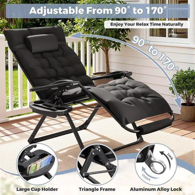 Alt view image 4 of 7 - Oversized Zero Gravity Chair, 32In Recliner Lounge Chair with Removable Soft Cushion and Cup Holder, Adjustable Anti Gravity Chair Folding Patio Chairs Padded for Indoor and Outdoor (Black)