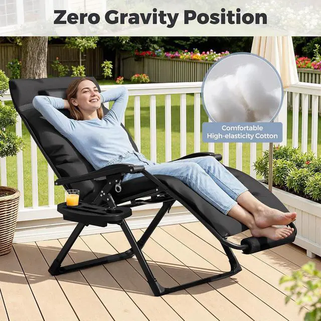 Alt view image 6 of 7 - Oversized Zero Gravity Chair, 32In Recliner Lounge Chair with Removable Soft Cushion and Cup Holder, Adjustable Anti Gravity Chair Folding Patio Chairs Padded for Indoor and Outdoor (Black)