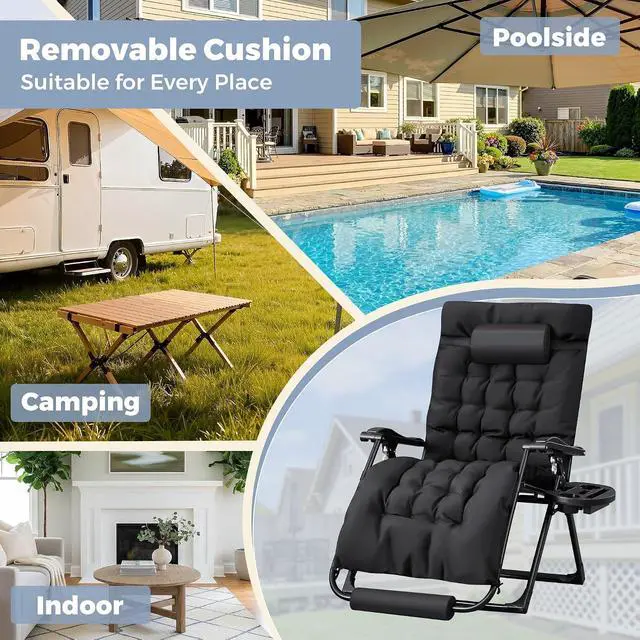 Alt view image 7 of 7 - Oversized Zero Gravity Chair, 32In Recliner Lounge Chair with Removable Soft Cushion and Cup Holder, Adjustable Anti Gravity Chair Folding Patio Chairs Padded for Indoor and Outdoor (Black)