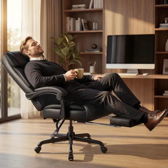 Alt view image 2 of 7 - Massage Office Chair with 6 Point Vibration and Heat, Ergonomic Executive Home Office Desk Chair with Foot Rest, High Back 400LBS Leather Computer Chair for Home Office (Black)