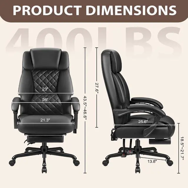 Alt view image 3 of 7 - Massage Office Chair with 6 Point Vibration and Heat, Ergonomic Executive Home Office Desk Chair with Foot Rest, High Back 400LBS Leather Computer Chair for Home Office (Black)