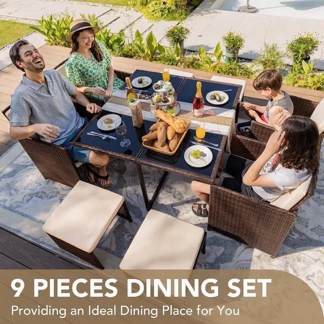 Alt view image 2 of 7 - 9 Pieces Patio Dining Sets Outdoor Space Saving Rattan Chairs with Glass Table Patio Furniture Sets Cushioned Seating and Back Sectional Conversation Set (Beige)