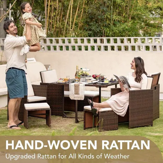 Alt view image 3 of 7 - 9 Pieces Patio Dining Sets Outdoor Space Saving Rattan Chairs with Glass Table Patio Furniture Sets Cushioned Seating and Back Sectional Conversation Set (Beige)