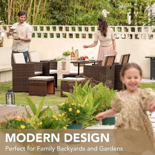 Alt view image 5 of 7 - 9 Pieces Patio Dining Sets Outdoor Space Saving Rattan Chairs with Glass Table Patio Furniture Sets Cushioned Seating and Back Sectional Conversation Set (Beige)