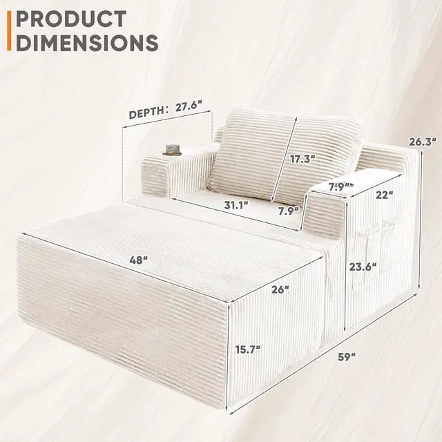 Alt view image 2 of 7 - Oversized Chaise Lounge Chair, Cloud Couch with Fluffy Upholstered, Deep Seat Sleeper Sofa Bed with Two Cup Holders, Comfy Boneless Couch No Assembly Required for Living Room, Apartment (Beige)