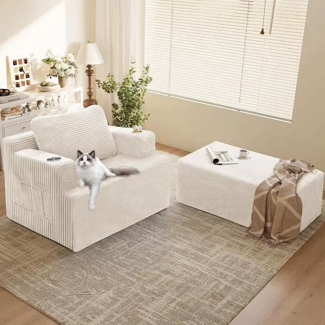 Alt view image 3 of 7 - Oversized Chaise Lounge Chair, Cloud Couch with Fluffy Upholstered, Deep Seat Sleeper Sofa Bed with Two Cup Holders, Comfy Boneless Couch No Assembly Required for Living Room, Apartment (Beige)