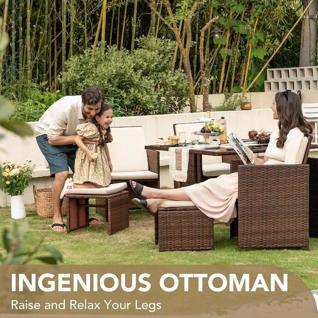 Alt view image 7 of 7 - 9 Pieces Patio Dining Sets Outdoor Space Saving Rattan Chairs with Glass Table Patio Furniture Sets Cushioned Seating and Back Sectional Conversation Set (Beige)