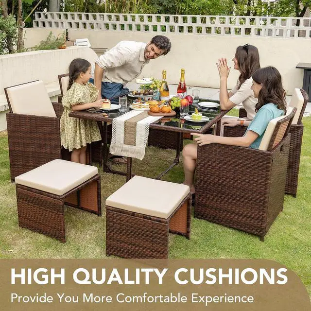 Alt view image 6 of 7 - 9 Pieces Patio Dining Sets Outdoor Space Saving Rattan Chairs with Glass Table Patio Furniture Sets Cushioned Seating and Back Sectional Conversation Set (Beige)