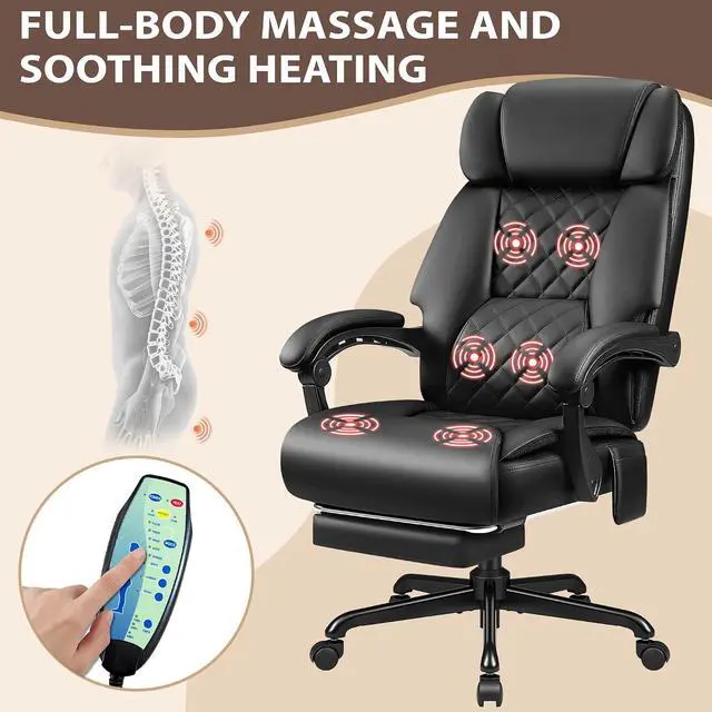 Alt view image 4 of 7 - Massage Office Chair with 6 Point Vibration and Heat, Ergonomic Executive Home Office Desk Chair with Foot Rest, High Back 400LBS Leather Computer Chair for Home Office (Black)