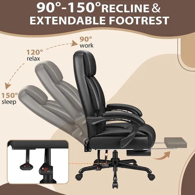 Alt view image 5 of 7 - Massage Office Chair with 6 Point Vibration and Heat, Ergonomic Executive Home Office Desk Chair with Foot Rest, High Back 400LBS Leather Computer Chair for Home Office (Black)