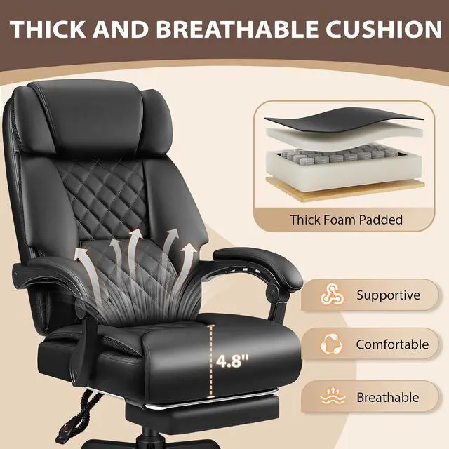Alt view image 6 of 7 - Massage Office Chair with 6 Point Vibration and Heat, Ergonomic Executive Home Office Desk Chair with Foot Rest, High Back 400LBS Leather Computer Chair for Home Office (Black)
