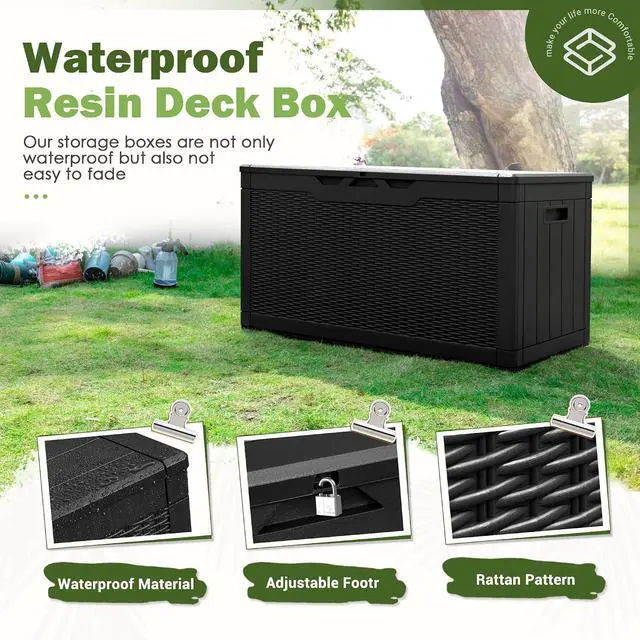 Alt view image 3 of 7 - 100 Gallon Deck Box Large Resin Waterproof Outdoor Storage Box with Padlock and Built-in Handles Storage Container for Cushions, Toys and Garden Tools (Black)