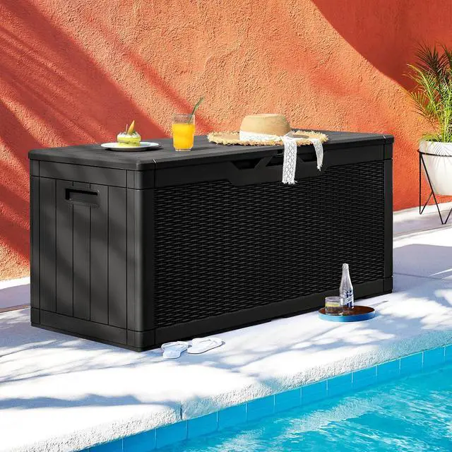 Alt view image 2 of 7 - 100 Gallon Deck Box Large Resin Waterproof Outdoor Storage Box with Padlock and Built-in Handles Storage Container for Cushions, Toys and Garden Tools (Black)