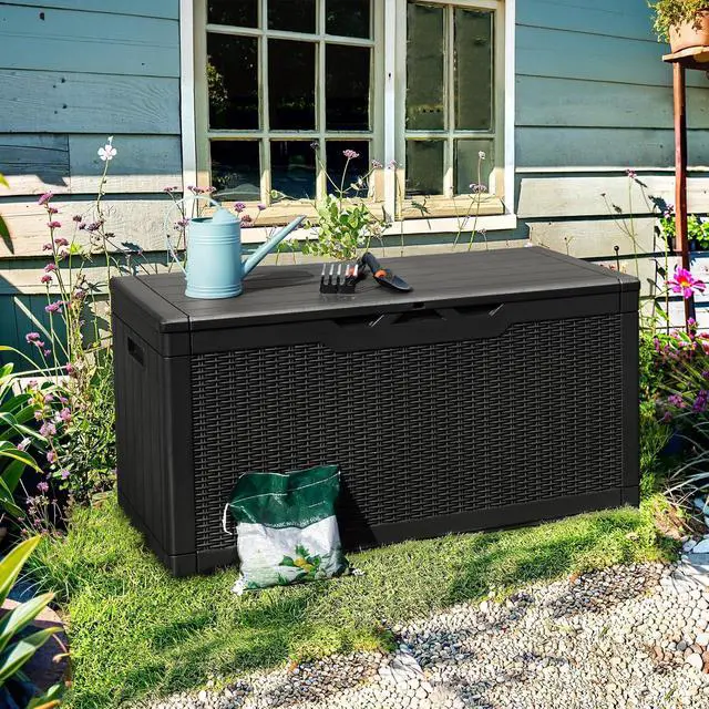 Alt view image 5 of 7 - 100 Gallon Deck Box Large Resin Waterproof Outdoor Storage Box with Padlock and Built-in Handles Storage Container for Cushions, Toys and Garden Tools (Black)