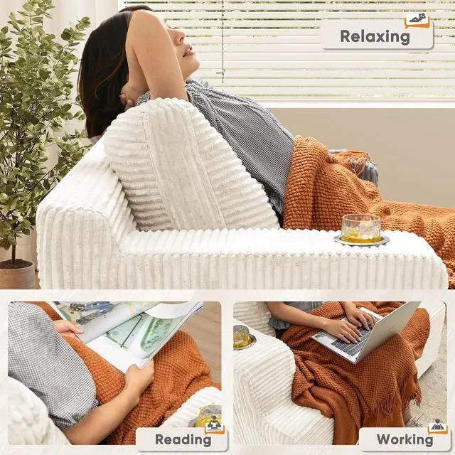 Alt view image 4 of 7 - Oversized Chaise Lounge Chair, Cloud Couch with Fluffy Upholstered, Deep Seat Sleeper Sofa Bed with Two Cup Holders, Comfy Boneless Couch No Assembly Required for Living Room, Apartment (Beige)