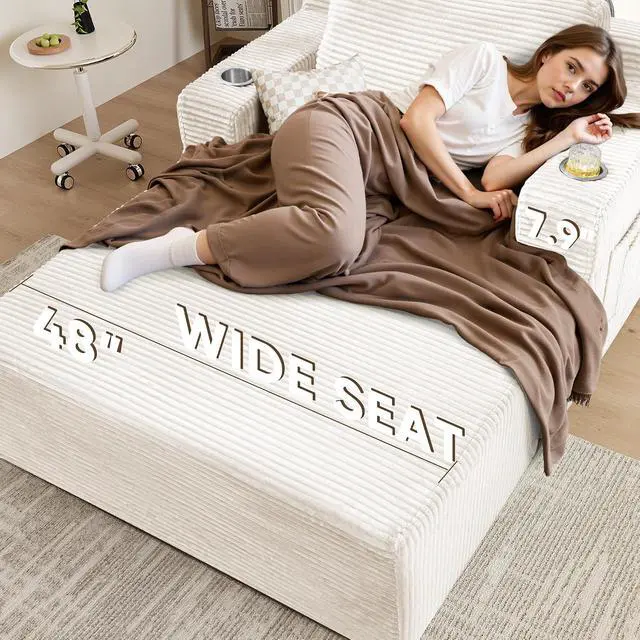 Alt view image 7 of 7 - Oversized Chaise Lounge Chair, Cloud Couch with Fluffy Upholstered, Deep Seat Sleeper Sofa Bed with Two Cup Holders, Comfy Boneless Couch No Assembly Required for Living Room, Apartment (Beige)