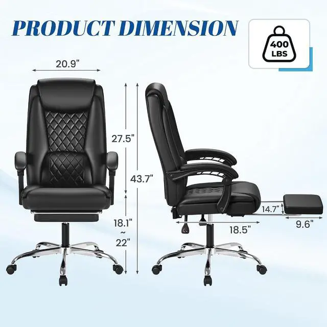 Alt view image 3 of 7 - Office Chair with Footrest Ergonomic High Back Design Executive Computer Desk Chair400lbs, 90-135° Reclining Leather Home Office Desk Chairs Swivel Task Chairs with Wheels(Black)