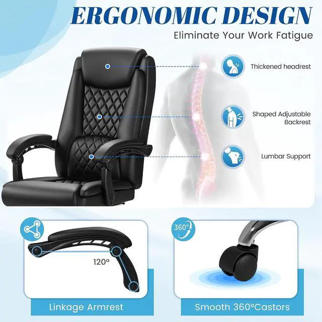 Alt view image 4 of 7 - Office Chair with Footrest Ergonomic High Back Design Executive Computer Desk Chair400lbs, 90-135° Reclining Leather Home Office Desk Chairs Swivel Task Chairs with Wheels(Black)